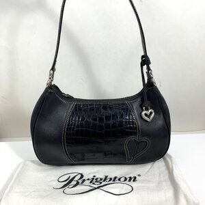 BRIGHTON Hilda Moon Purse Black Croc Embossed Pebbled Leather Demi Shoulder Bag